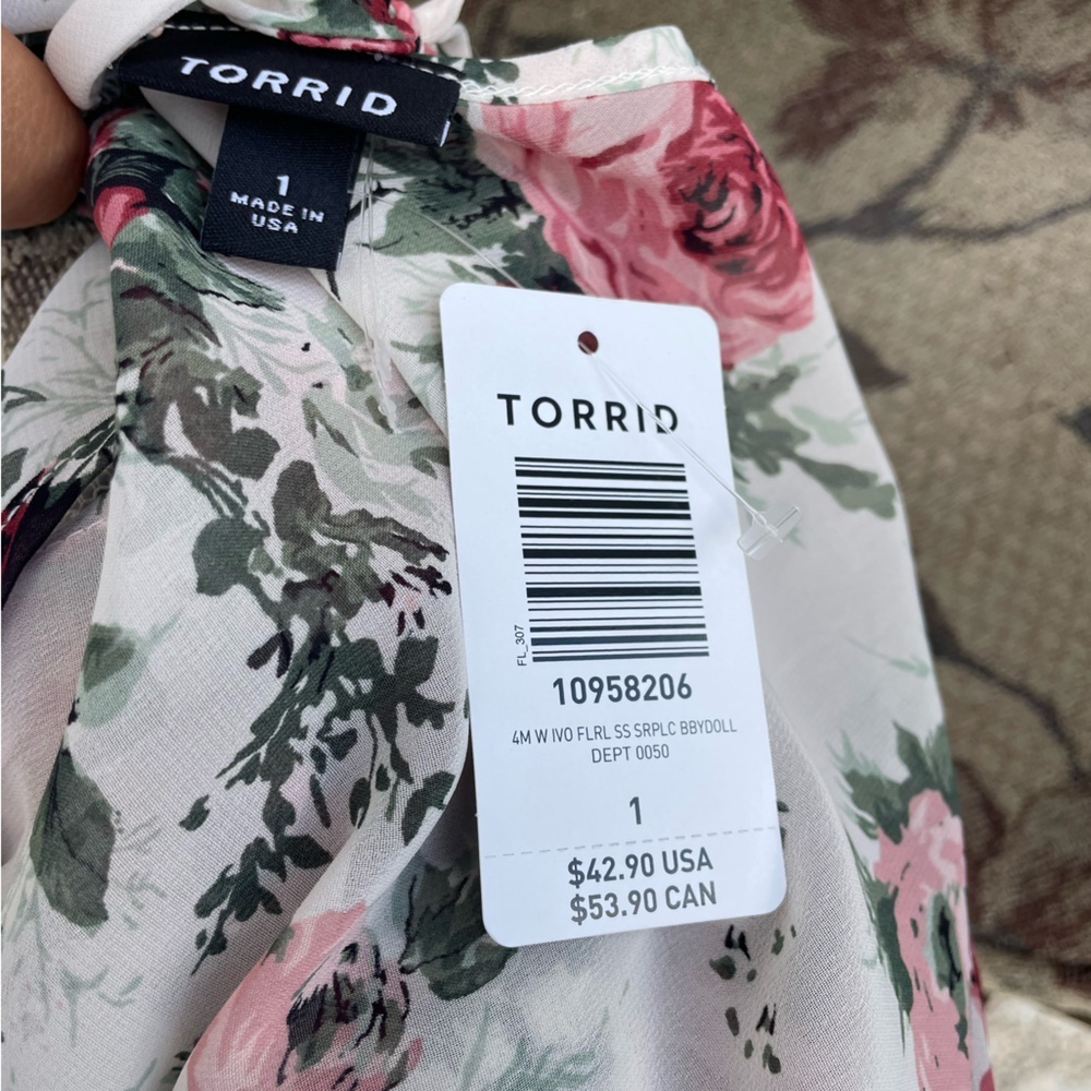 Floral Surplice Short Sleeve Blouse - Pink Rose on Cream - Picture 2 of 8